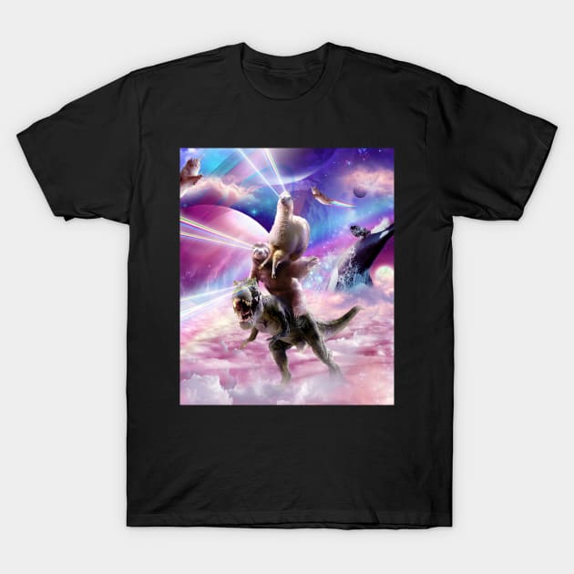 Laser Eyes Space Llama On Sloth Dinosaur - Rainbow T-Shirt by Random Galaxy